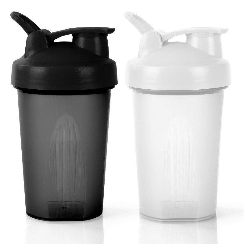 AOGOE Protein Shaker Bottle with Stainless Steel Mixing Ball 400ml, 2pcs Protein & Supplement Shaker Bottle, Leak Proof Flip Flop Lid Shake Bottle Mixer, BPA Free Protein Shake Bottle, Black + White